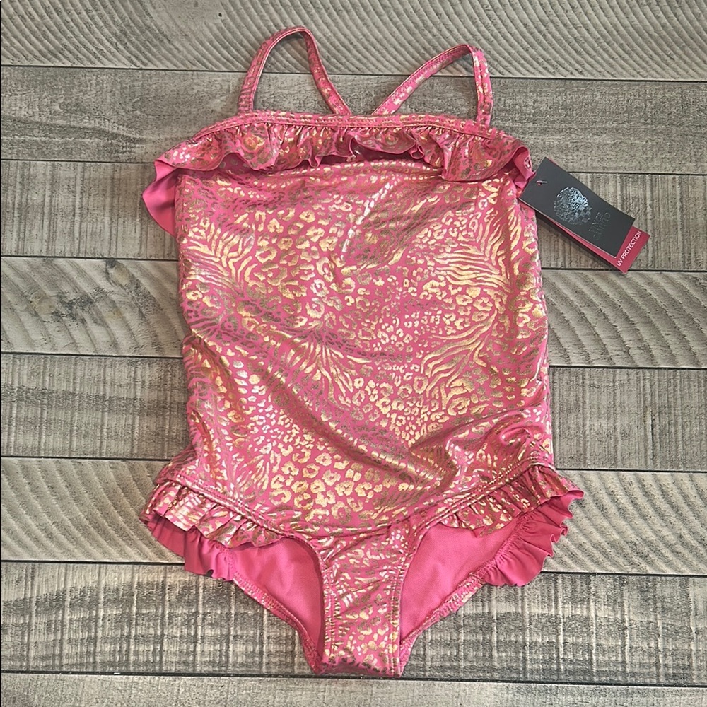 Vince Camuto Pink and Gold One Piece Swimsuit with Playful Design